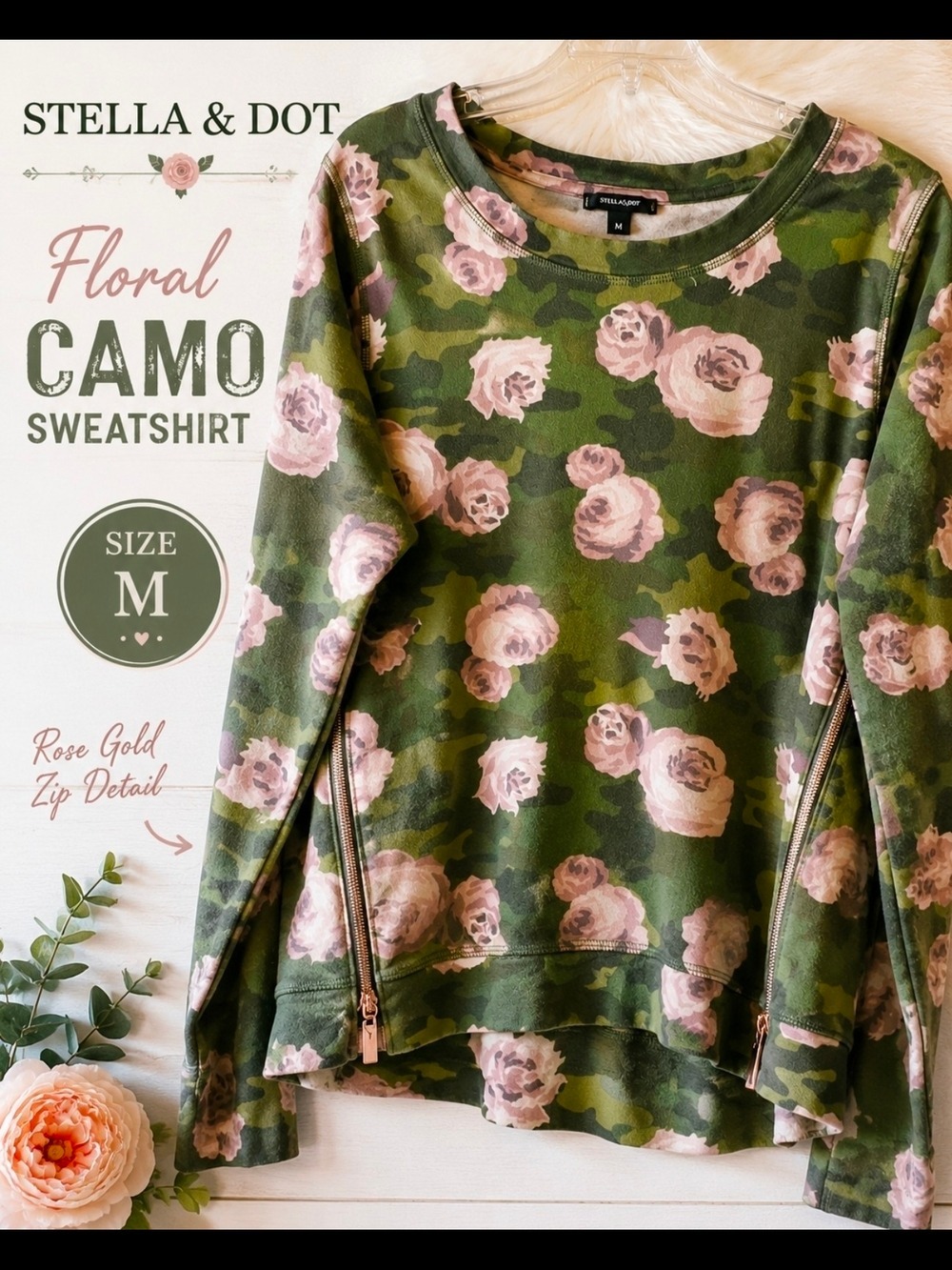 Stella & Dot Floral Camo Sweatshirt Olive Green Pink Rose Gold Zippers Medium